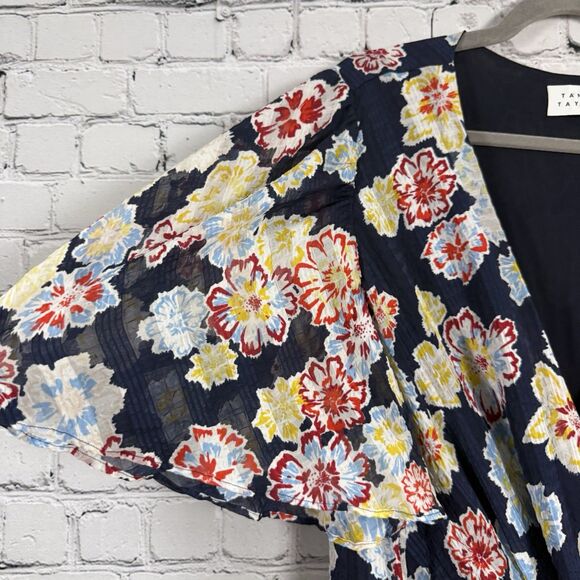 Tanya Taylor Brynn Floral Mini Wrap Dress Womens 18 Navy Floral Flutter Sleeves - Picture 13 of 16